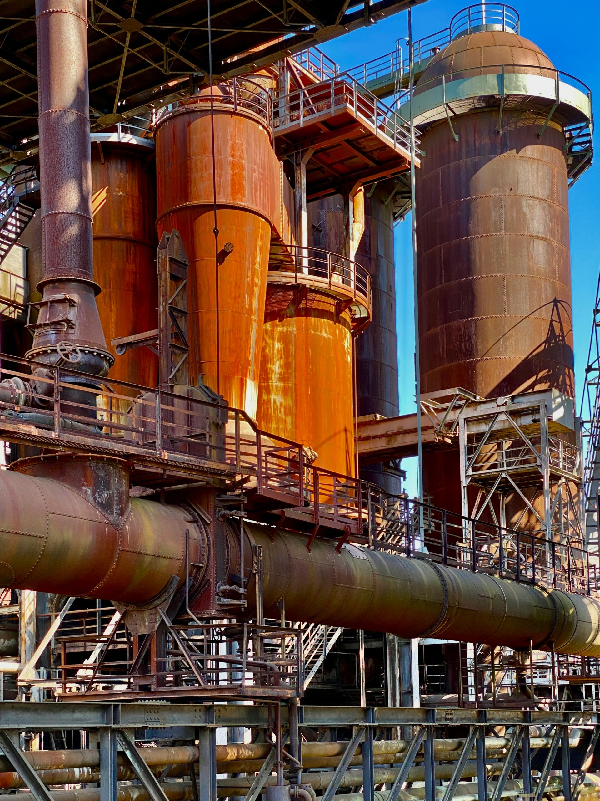 A close-up of rusty industrial structures at Völklinger Hütte, showcasing its historic significance.